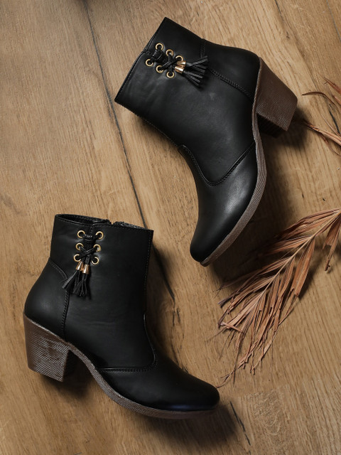 

EVERLY Women Black Solid Mid Top Block Heeled Boots