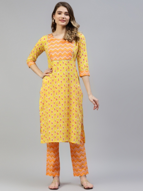 

MYAZA Women Yellow & Orange Cotton Floral Print Thread Work Kurta with Trousers