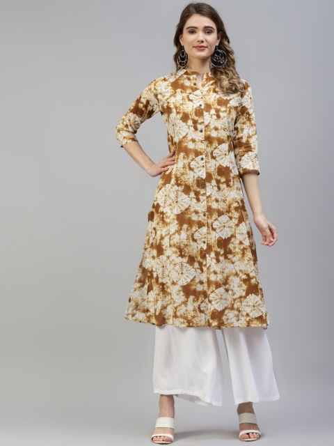 

MYAZA Women Bronze-Toned & Off White Cotton Abstract Print Kurta