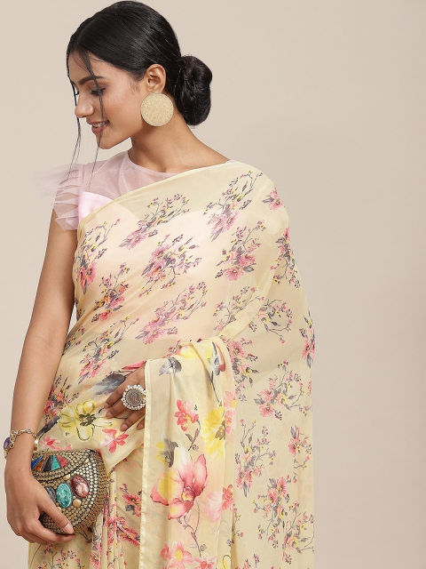 

Havida Sarees Cream-Coloured & Pink Floral Printed Saree