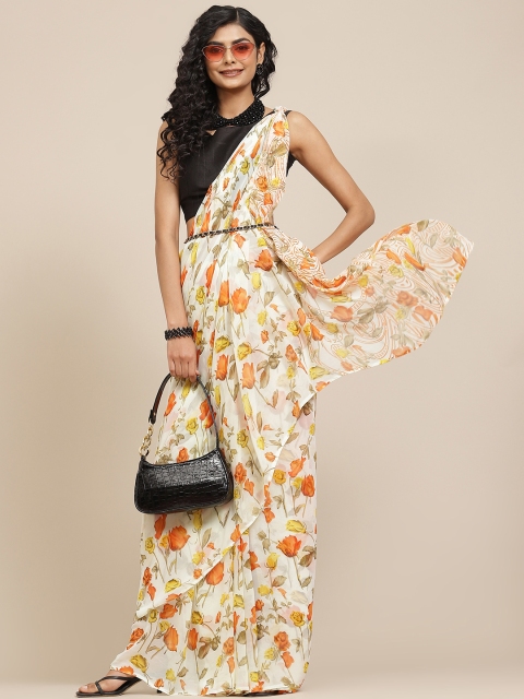 

Havida Sarees White & Orange Chiffon Floral Print Saree