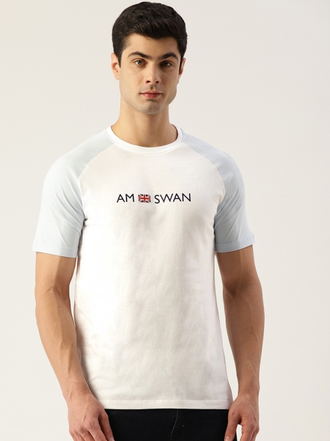 

AM SWAN Men White & Blue Printed Pure Cotton T-shirt