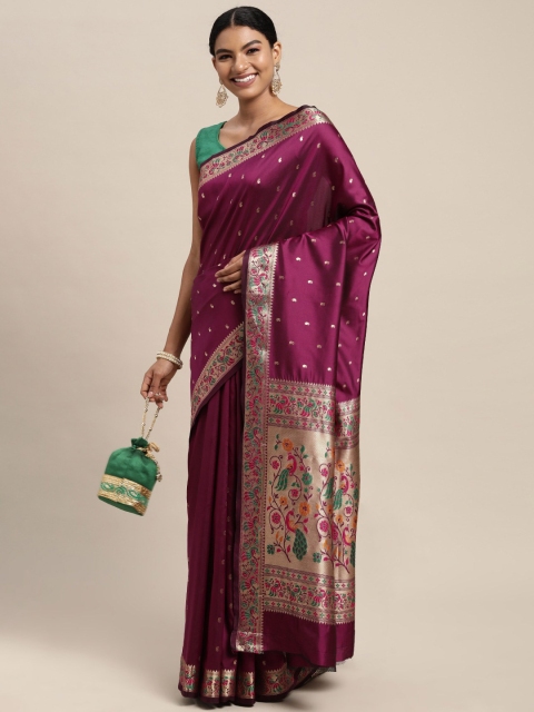 

Mitera Burgundy & Golden Paisley Design Zari Silk Blend Paithani Saree