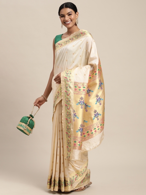 

Mitera White & Golden Ethnic Design Zari Silk Blend Paithani Saree