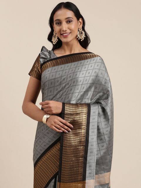 

SIRIL Grey & Black Checked Silk Cotton Banarasi Saree