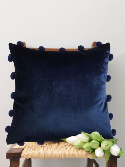 

Lushomes Navy Blue Velvet Square Cushion Cover With Pom-Pom