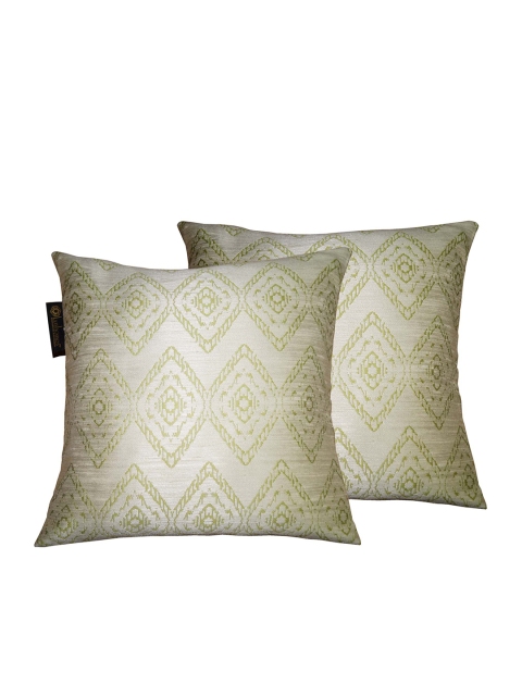 

Lushomes Green & Cream-Coloured Set of 2 Geometric Square Cushion Covers
