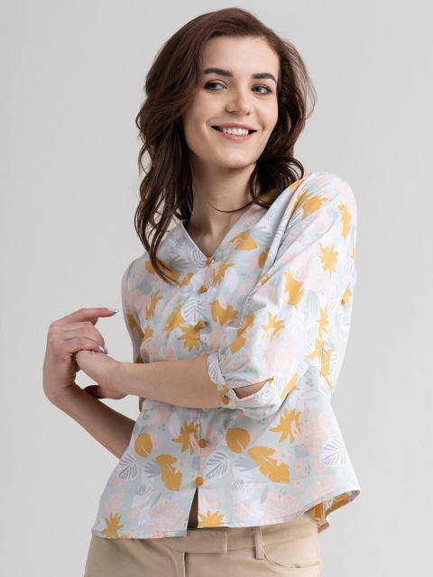 

FableStreet Blue & Mustard Yellow Floral Print Cotton Poplin Top