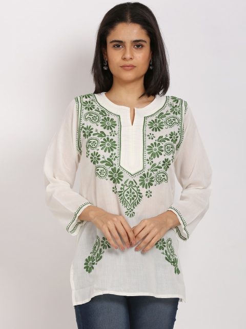 

PARAMOUNT CHIKAN Cream-Coloured & Green Ethnic Motifs Embroidered Chikankari Kurti