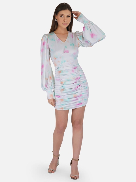 

IMPERATIVE White & Pink Tie & Dye Printed Ruched Bodycon Mini Dress