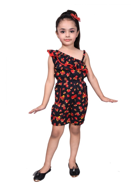 

SKY HEIGHTS Girls Red & Black Printed with Ruffles Playsuit