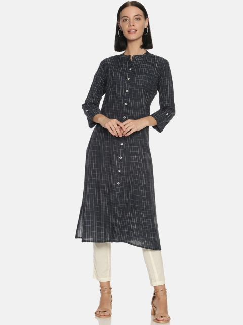 

Saffron Threads Women Navy Blue & Black Striped Pure Cotton Kurta