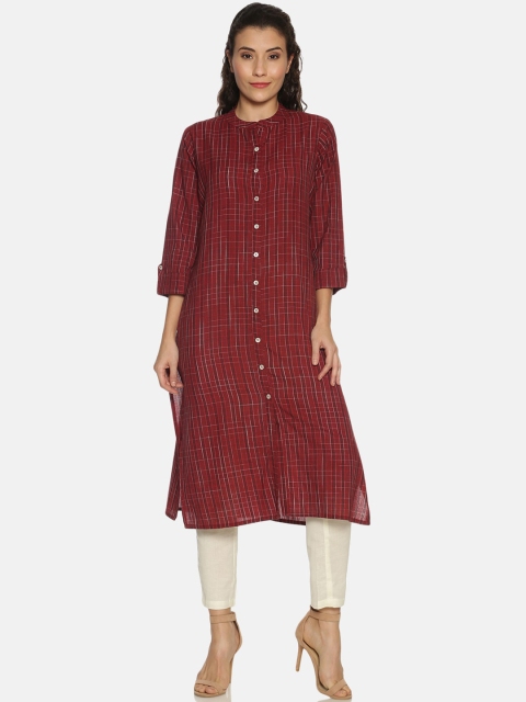 

Saffron Threads Women Maroon & White Checked Cotton A-line Kurta