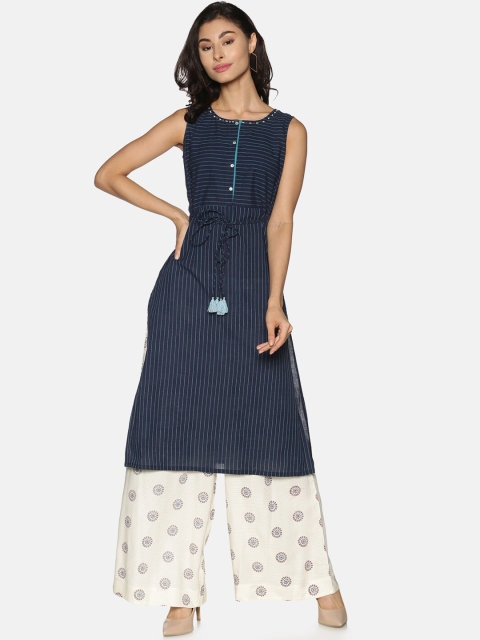 

Saffron Threads Women Navy Blue Striped Pure Cotton Kurta