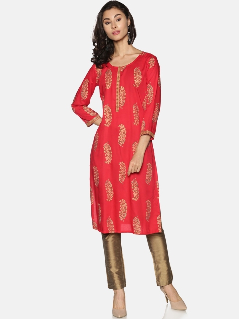 

Saffron Threads Women Red & Golden Floral Paisley Printed Kurta