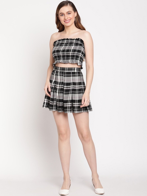 

TAG 7 Women Black Checked Strapless Tube Crop Top With Pleated Skirt