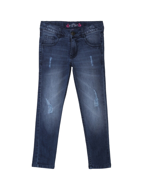 

612 league Girls Blue Classic Slim Fit Low Distress Light Fade Cotton Jeans