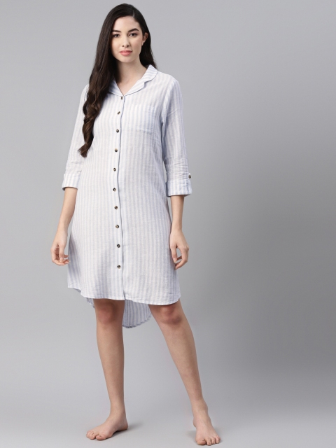 

Marks & Spencer Women Blue & White Striped Shirt Nightdress
