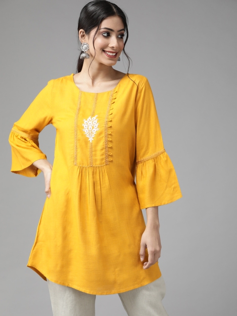 

Cayman Women Mustard Yellow & White Pure Cotton Floral Embroidered Kurti