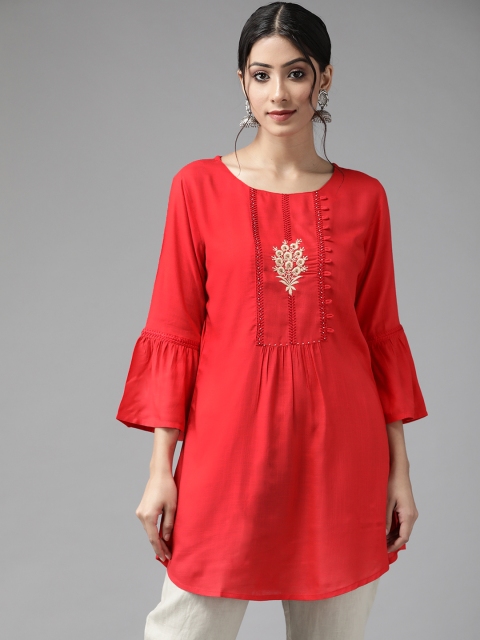 

Cayman Women Red & White Pure Cotton Floral Embroidered Kurti