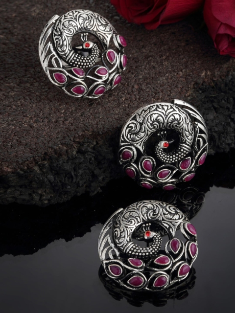

PANASH Silver-Toned Oxidized Peacock Shaped Stud Earrings with Finger Ring