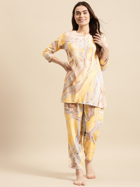 

Prakrti Women Yellow & Brown Printed Cotton Night suit