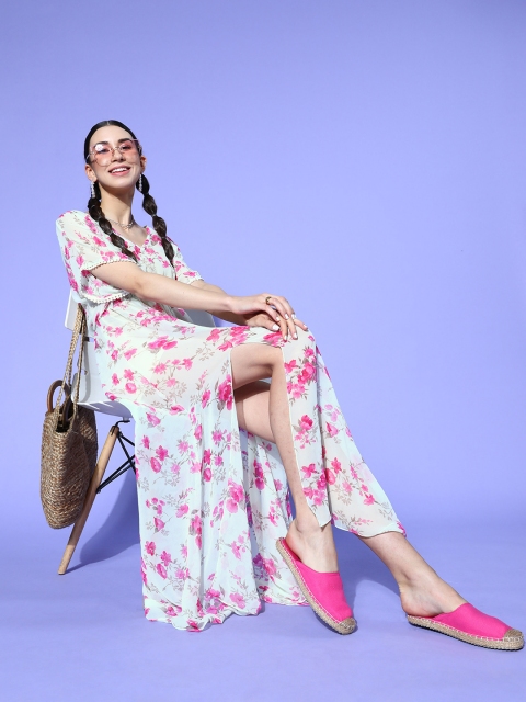 

Mirchi Fashion Women White & Pink Floral High-Slit Maxi Dress