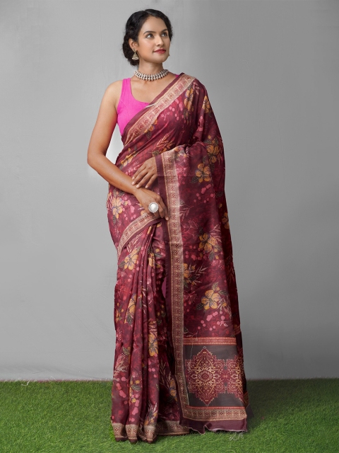 

Unnati Silks Maroon & Yellow Ethnic Motifs Silk Cotton Chanderi Saree