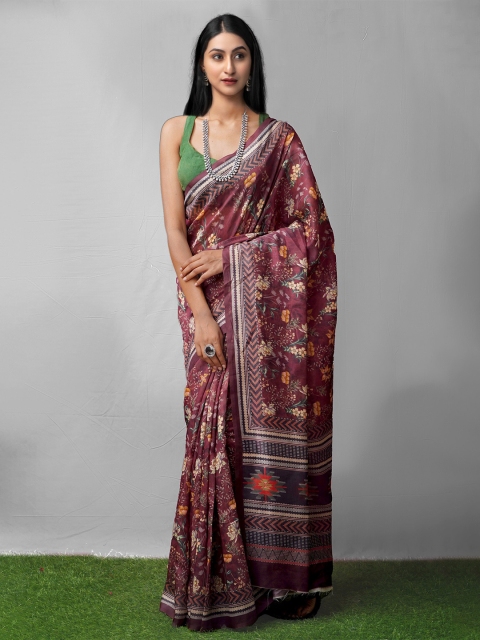 

Unnati Silks Burgundy Ethnic Motifs Silk Cotton Chanderi Saree