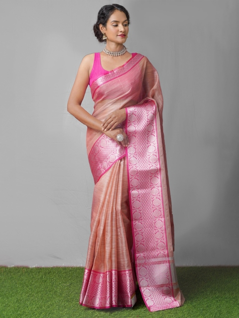 

Unnati Silks Pink & Silver-Toned Ethnic Motifs Woven Design Saree