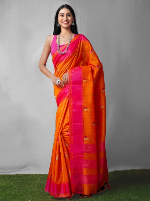 

Unnati Silks Orange & Pink Silk Cotton Mysore Silk Saree