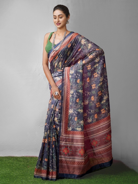

Unnati Silks Women Grey Printed Chanderi Sico Saree