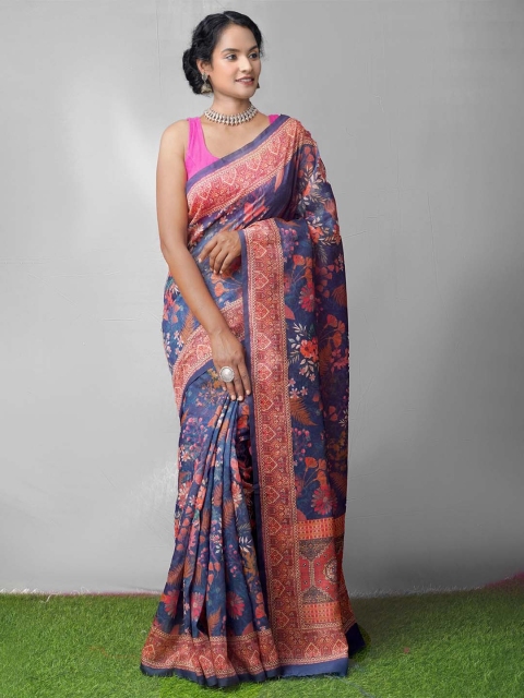 

Unnati Silks Blue & Pink Ethnic Motifs Silk Cotton Chanderi Saree
