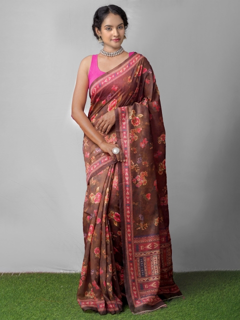 

Unnati Silks Green & Brown Floral Silk Cotton Chanderi Saree