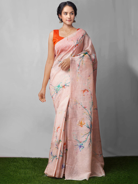 

Unnati Silks Pink & Blue Ethnic Motifs Silk Cotton Chanderi Saree