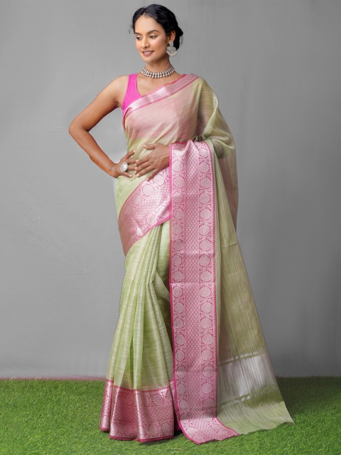 

Unnati Silks Green & Pink Ethnic Motifs Tissue Kota Saree