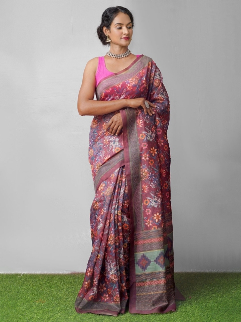 

Unnati Silks Maroon & Blue Ethnic Motifs Silk Cotton Chanderi Saree