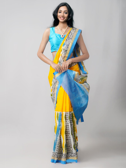 

Unnati Silks Yellow & Blue Ethnic Motifs Pure Cotton Kasavu Saree