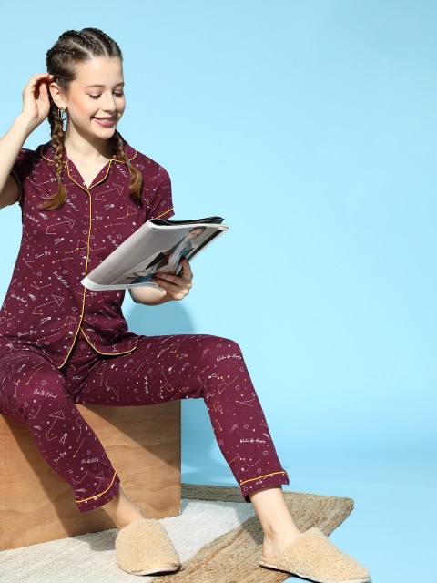 

Sweet Dreams Women Maroon Conversational Sleep Staple Night Suit