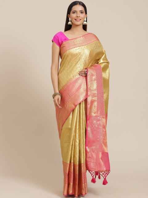 

Banarasi Style Golden & Pink Woven Design Art Silk Banarasi Saree, Gold