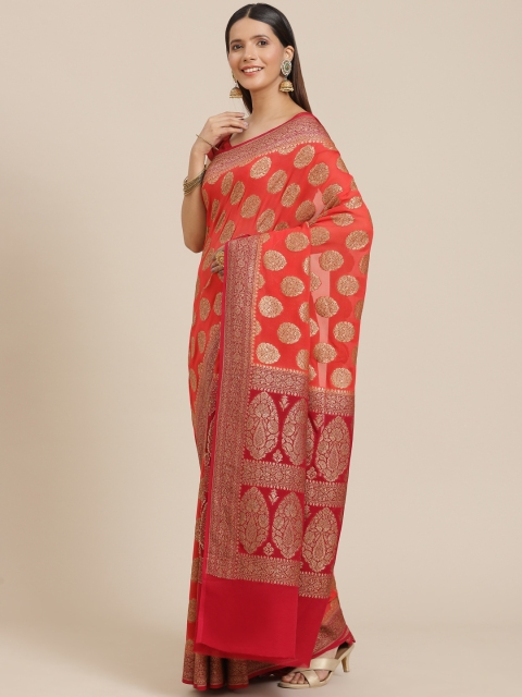 

Banarasi Style Orange & Golden Ethnic Motifs Pure Chiffon Khadi Saree