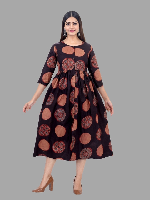 

Ashlee Black & Brown Ethnic Motifs Ethnic A-Line Cotton Midi Dress