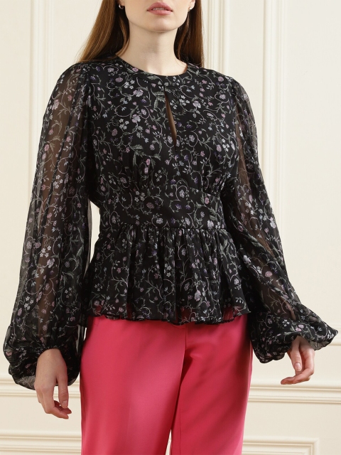 

Ted Baker Black Floral Print Keyhole Neck Bishop Sleeves Crepe Pure Cotton Peplum Top