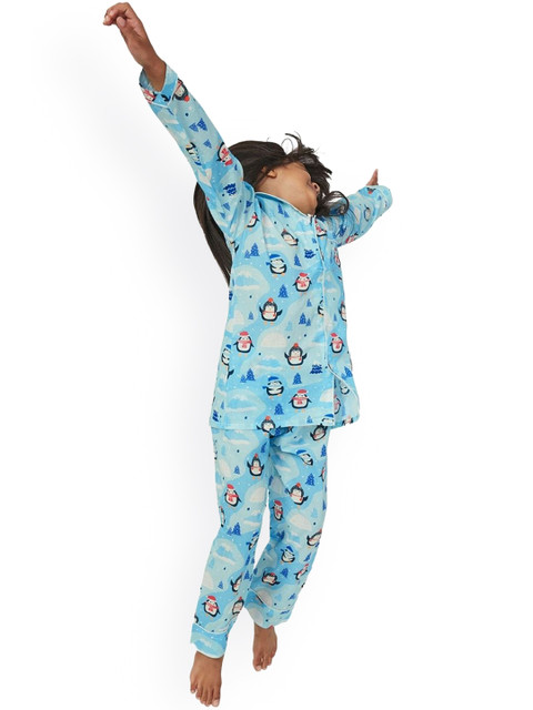 

frangipani Kids Blue & White Printed Cotton Night suit