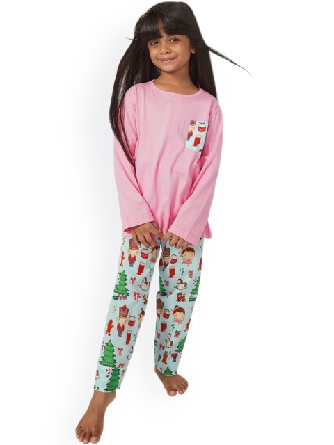 

frangipani Girls Pink & Blue Pure Cotton Printed Night Suit