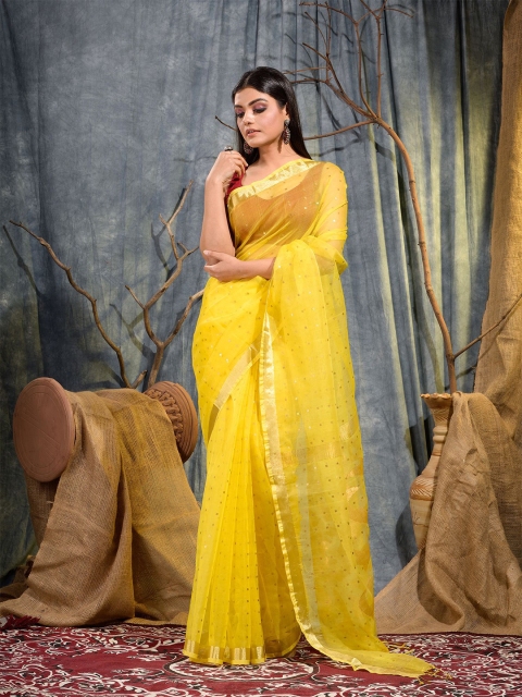 

Mitera Yellow & Gold-Toned Floral Zari Pure Silk Saree
