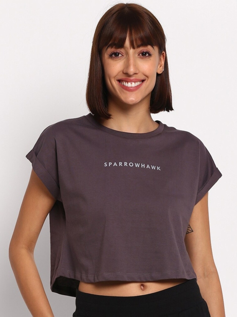 

SPARROWHAWK Women Charcoal Grey Typography Extended Sleeves Cotton T-shirt