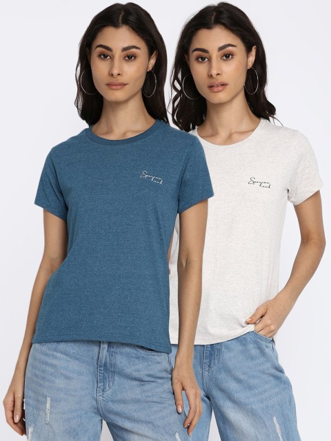 

SPARROWHAWK Women Blue & White Set of 2 Cotton T-shirt