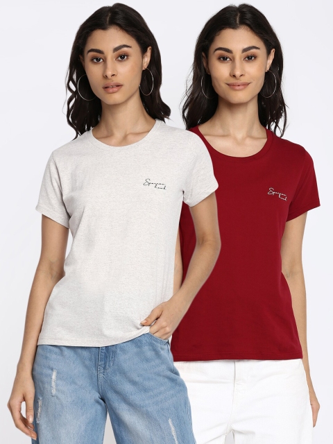 

SPARROWHAWK Women Pack Of 2 White & Maroon Cotton T-shirts