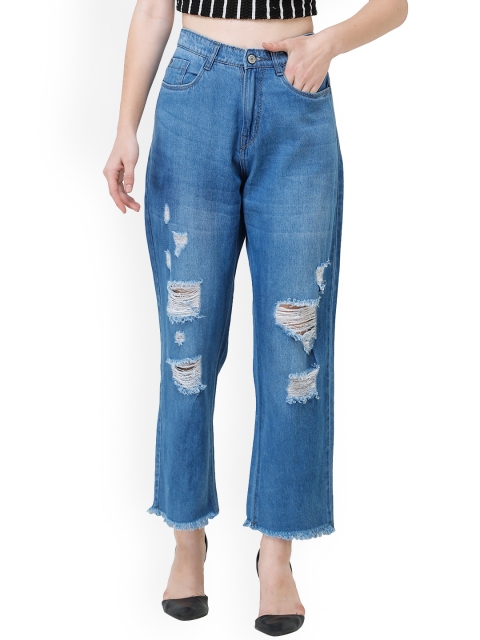

DECHEN Women Blue Loose Relaxed Fit Highly Distressed Light Fade Jeans
